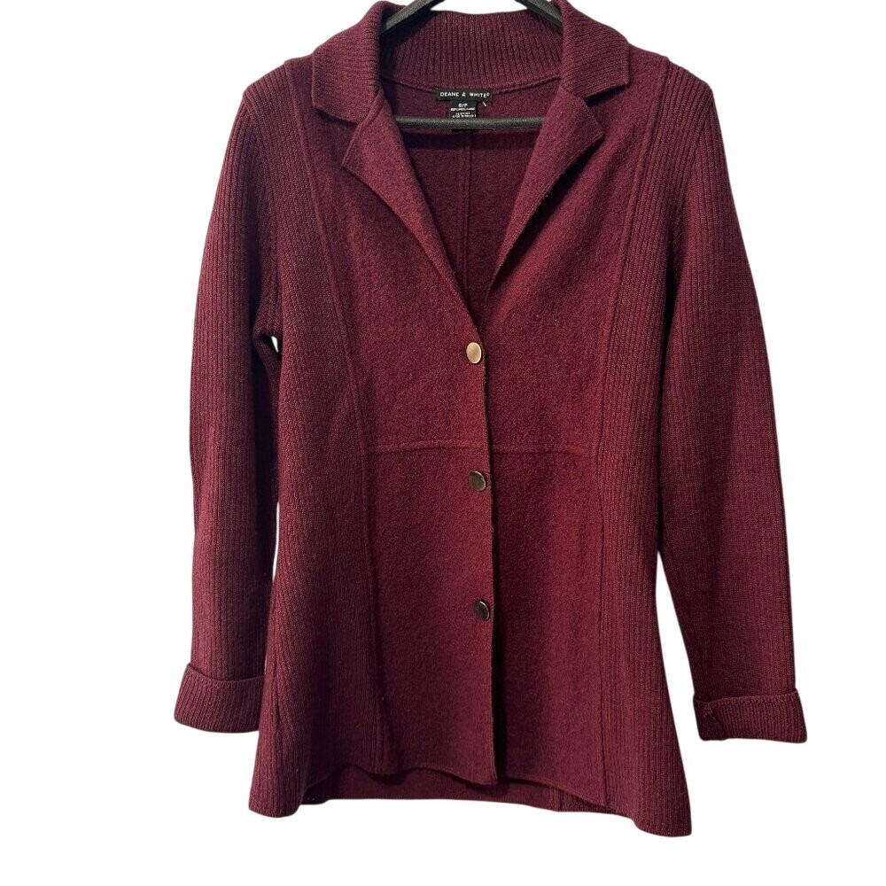 Deane & White Womens Burgundy 100% Wool Button Front‎ Cardigan Jacket Small
